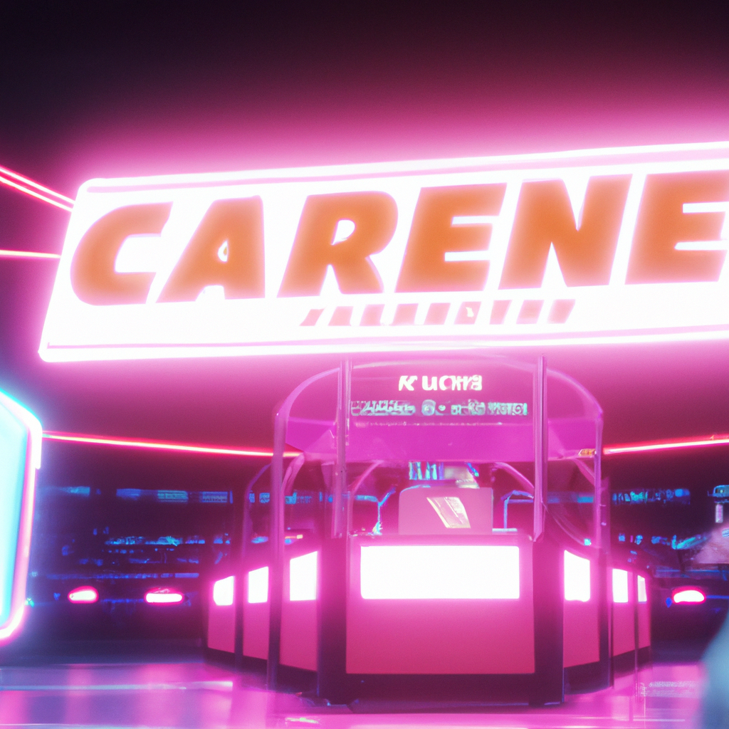 PulseGrid hero composite: neon arcade lobby and HUD